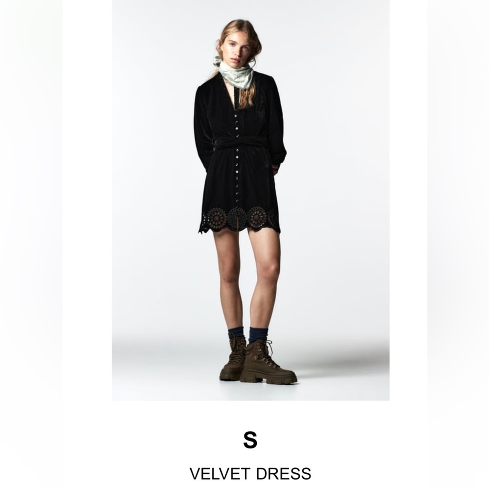 Zara embroidered eyelet black velvet dress -Small